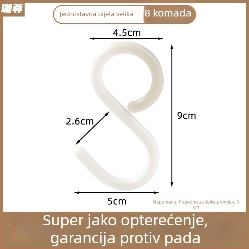 S-kuka s usisnom čašicom za ključeve, odjeću, torbe i šešire — bez bušenja, plastična, nosivost 1–3 kg