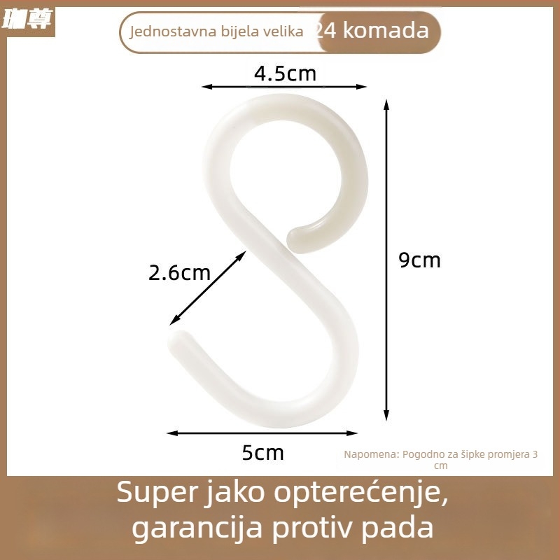 S-kuka s usisnom čašicom za ključeve, odjeću, torbe i šešire — bez bušenja, plastična, nosivost 1–3 kg