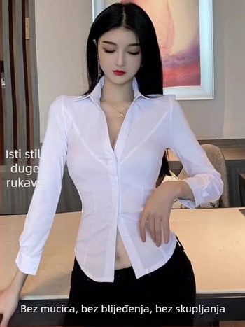 Bijela slim-fit košulja sa naglašenim strukom, stojeći ovratnik, dugi ili kratki rukavi, uniforma za spa tehničara/pedikuru