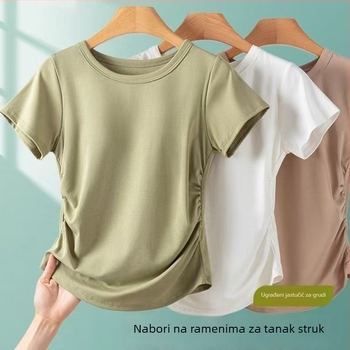 Ženski kratki T-shirt s ugrađenom jastučićem za prsni koš, osvježavajući osjećaj, uski kroj, okrugli izrez
