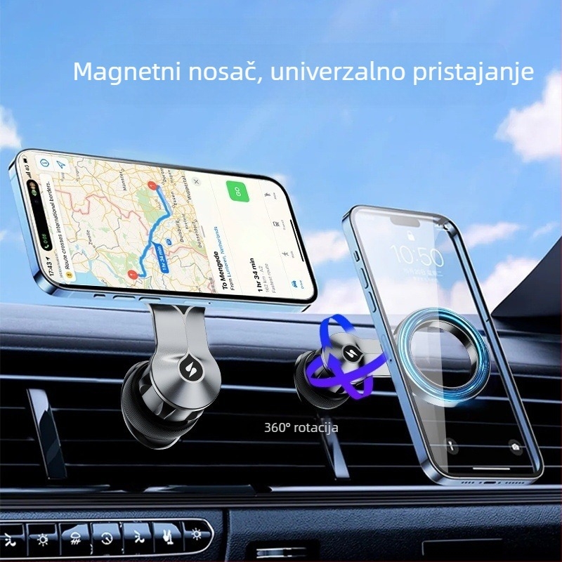 Magnetski držač za telefon u automobilu, nosač na otvor ventilacije, snap-on, 360° rotacija, univerzalna kompatibilnost