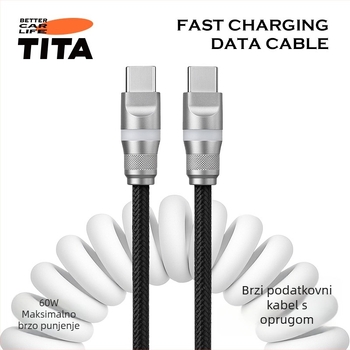 TITA automobilni opružni podatkovni kabel Type-C, kompatibilan s CarPlay, 60W brzo punjenje, duljina 2–5 m, crna