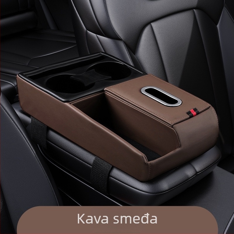 Višestruki organizator automobila od prirodnog drveta: kutija za maramice, držač čaše, pretinac za naslon za ruku i podizna podloga za pohranu