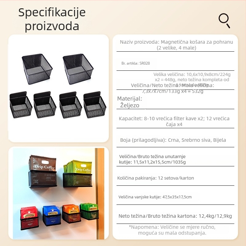 Magnetska košarica za pohranu kave s magnetskim držačem, metalni umjetnički dizajn, moderan minimalistički stil, 6-dijelni set za čajne vrećice