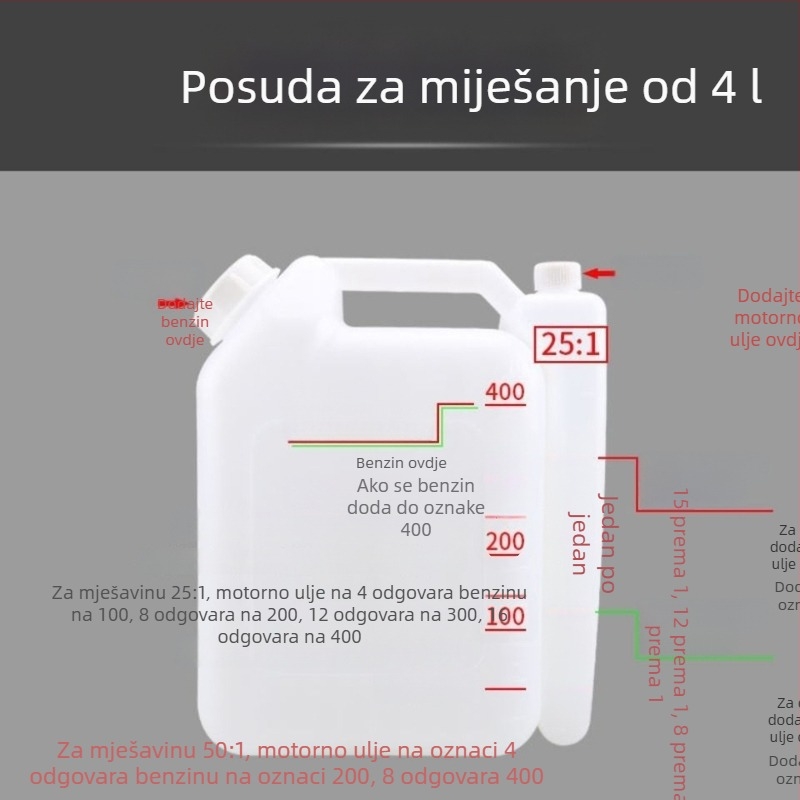 Posuda velike kapacitete za miješanje dvotaktnog ulja za lančanu pilu, kosilicu i pilu za živicu
