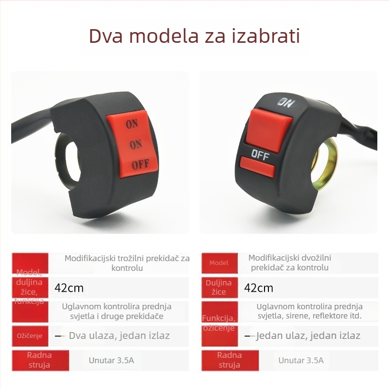 Mogelon prekidač svjetla za električni motocikl, trostupanjski ON/OFF prekidač za kratko/daleko svjetlo, LED spot na ručici upravljača