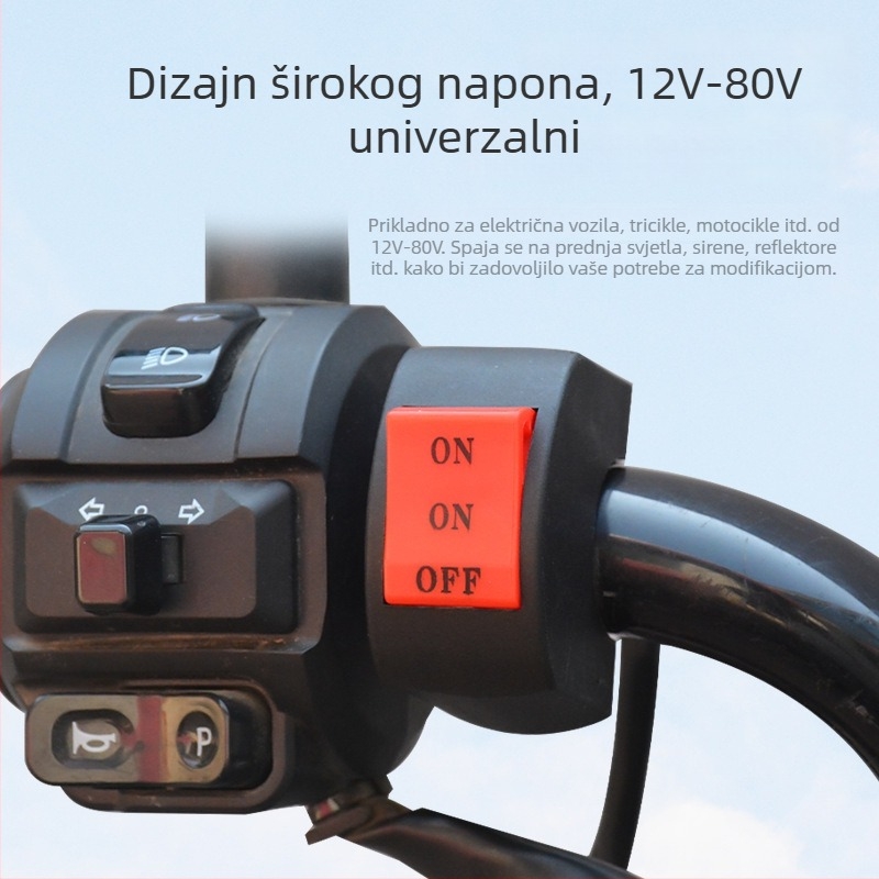Mogelon prekidač svjetla za električni motocikl, trostupanjski ON/OFF prekidač za kratko/daleko svjetlo, LED spot na ručici upravljača