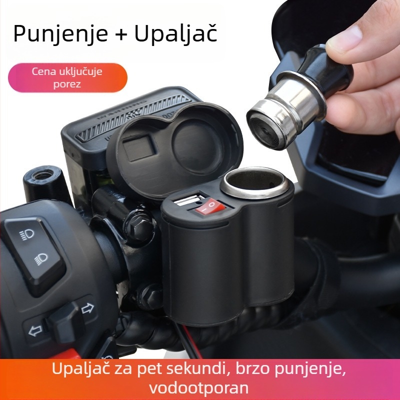 USB punjač za mobitel na upravljaču motocikla i 12V vodootporni priključak za upaljač