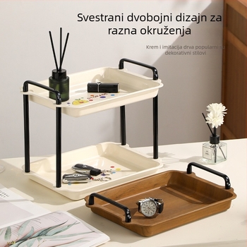 Dvostruki stolni regaľ za skladištenje s imitacijom drveta i držačem za čaše, mliječnobijele boje, za kuhinju, dnevni boravak i hodnik