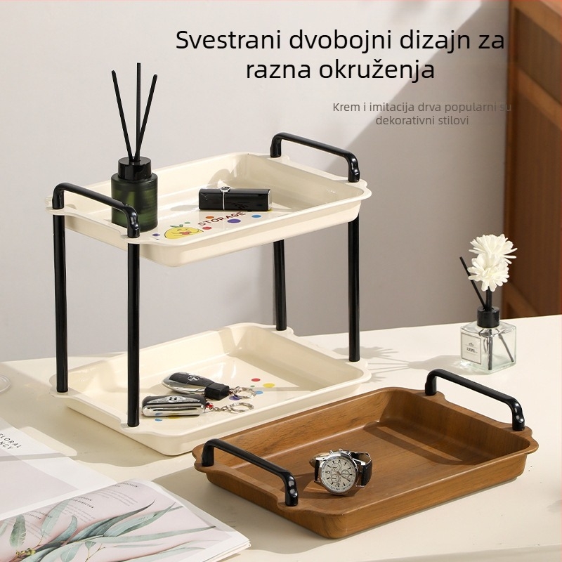 Dvostruki stolni regaľ za skladištenje s imitacijom drveta i držačem za čaše, mliječnobijele boje, za kuhinju, dnevni boravak i hodnik