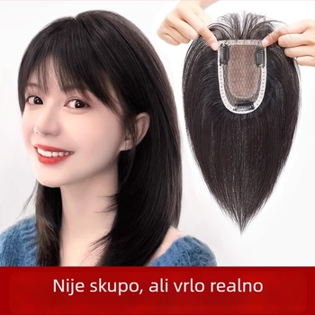 Topper za vrh glave od pravih vlasi, pokriva sijedu kosu, volumen na krošnji, ravne šiške, za žene