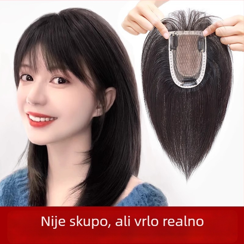 Topper za vrh glave od pravih vlasi, pokriva sijedu kosu, volumen na krošnji, ravne šiške, za žene