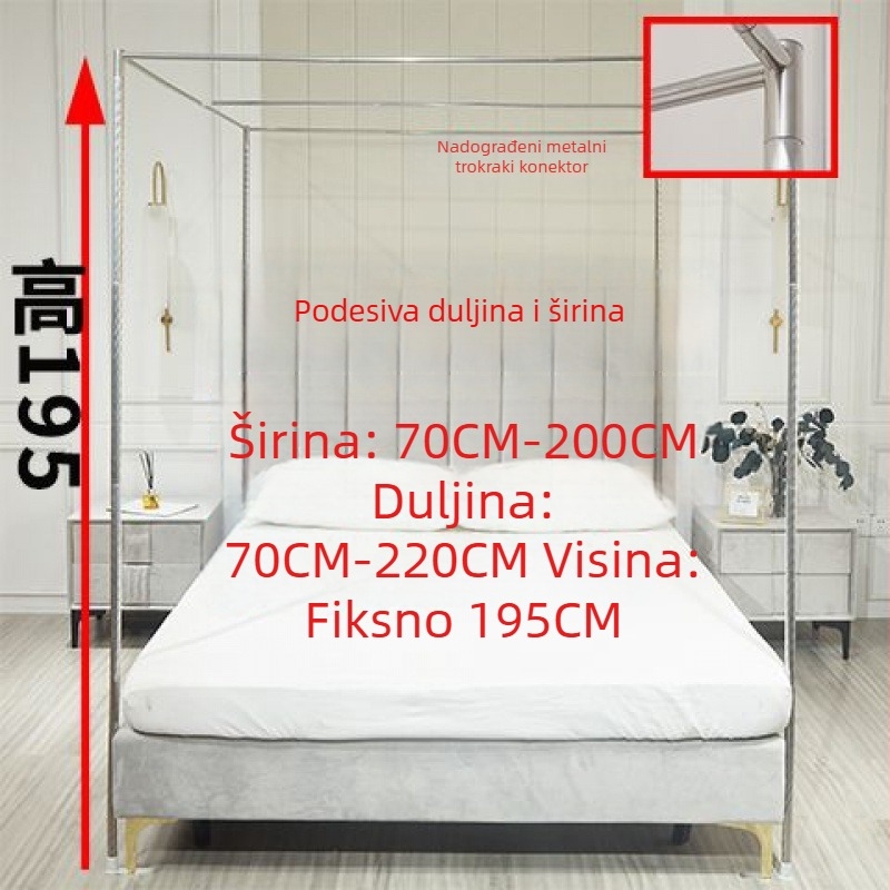 Nerđajući čelični držač mreže protiv komaraca za krevete, pribor za krevne šipke 1,0 m, 1,5 m i 1,8 m, ojačani T spoj