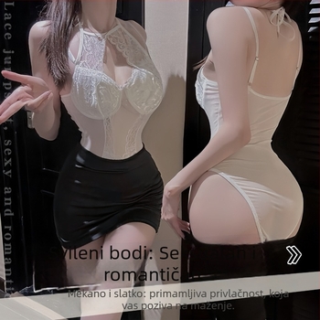 Seksi ženski bodi s halter izrezom, plus veličina, čipkasti prozirni paneli, uski kroj, preko glave