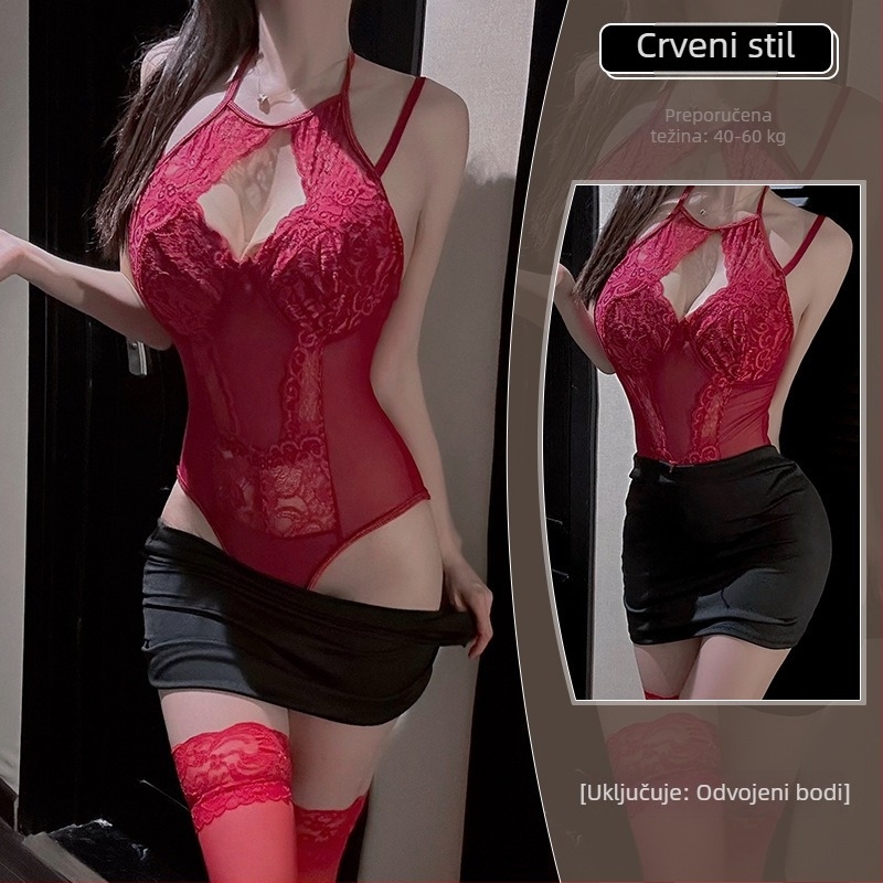 Seksi ženski bodi s halter izrezom, plus veličina, čipkasti prozirni paneli, uski kroj, preko glave