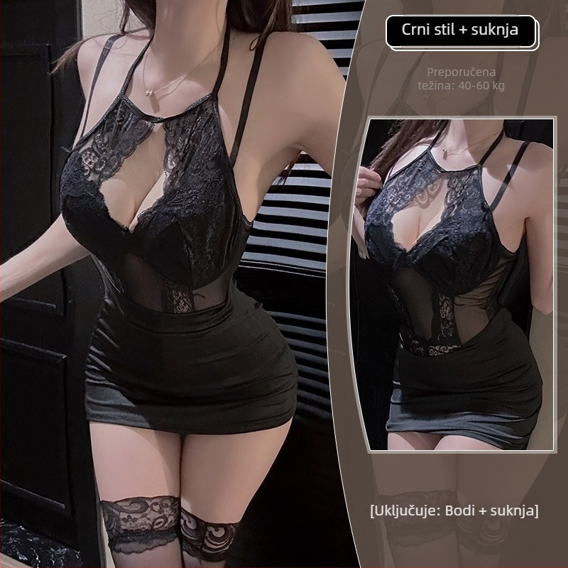 Seksi ženski bodi s halter izrezom, plus veličina, čipkasti prozirni paneli, uski kroj, preko glave