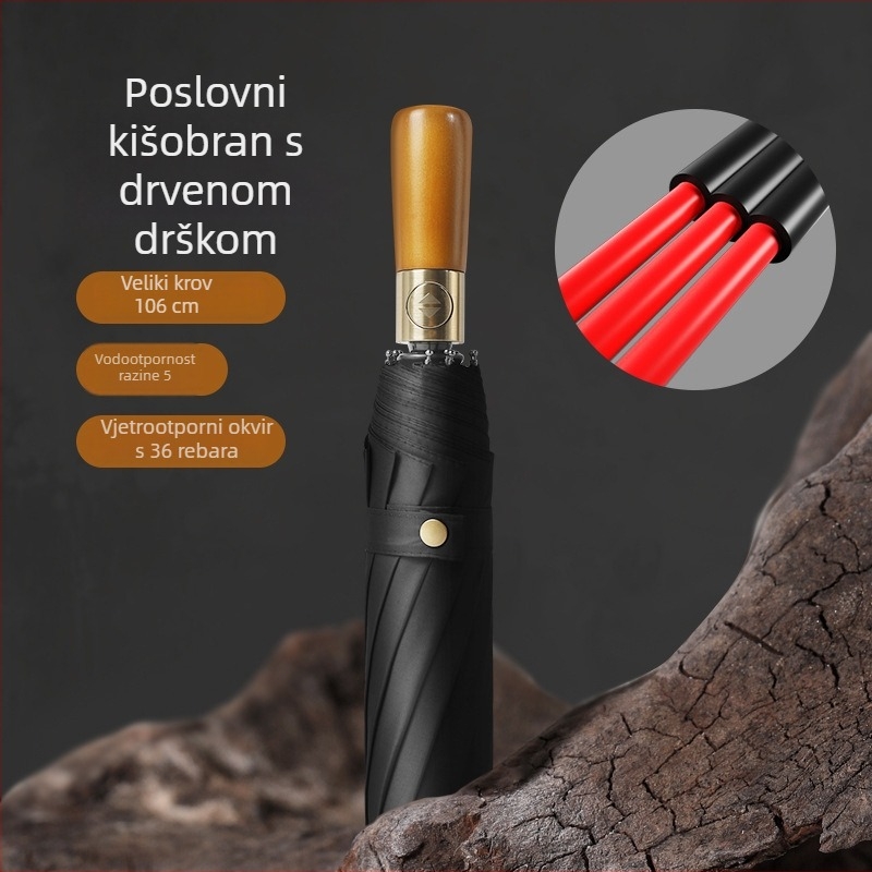 Automatski sklopivi kišobran s drvenom ručkom, 12 rebara, otporan na vjetar, UV zaštita, reklamni kišobran