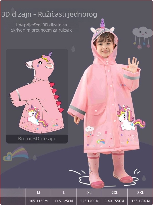 EVA dječja kišna jakna s dizajnom crtanog filma, slatka i debela, s snap kopčama, 3D ruksakom, reflektirajućim trakama i proširenim rubom kapice