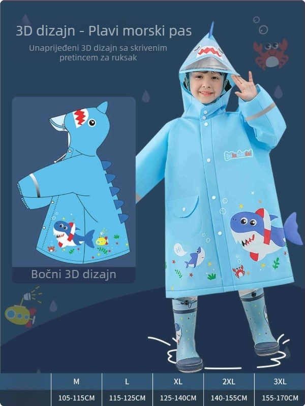 EVA dječja kišna jakna s dizajnom crtanog filma, slatka i debela, s snap kopčama, 3D ruksakom, reflektirajućim trakama i proširenim rubom kapice