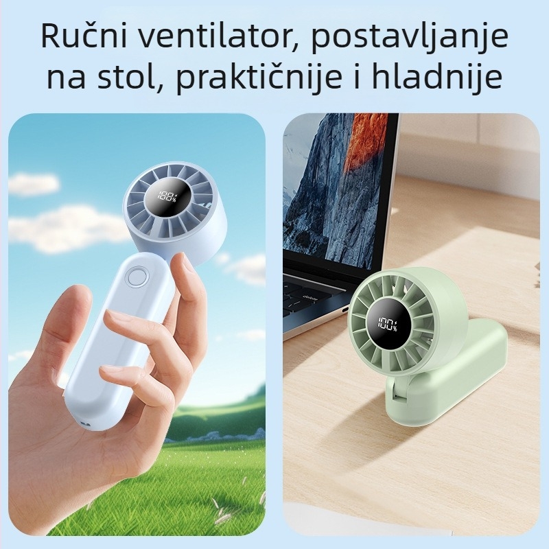 Digitalni zaslon preklopni stolni ventilator, prijenosni ručni ventilator visoke brzine hlađenja (5 lopatica, ugrađena baterija 1200–2000 mAh)