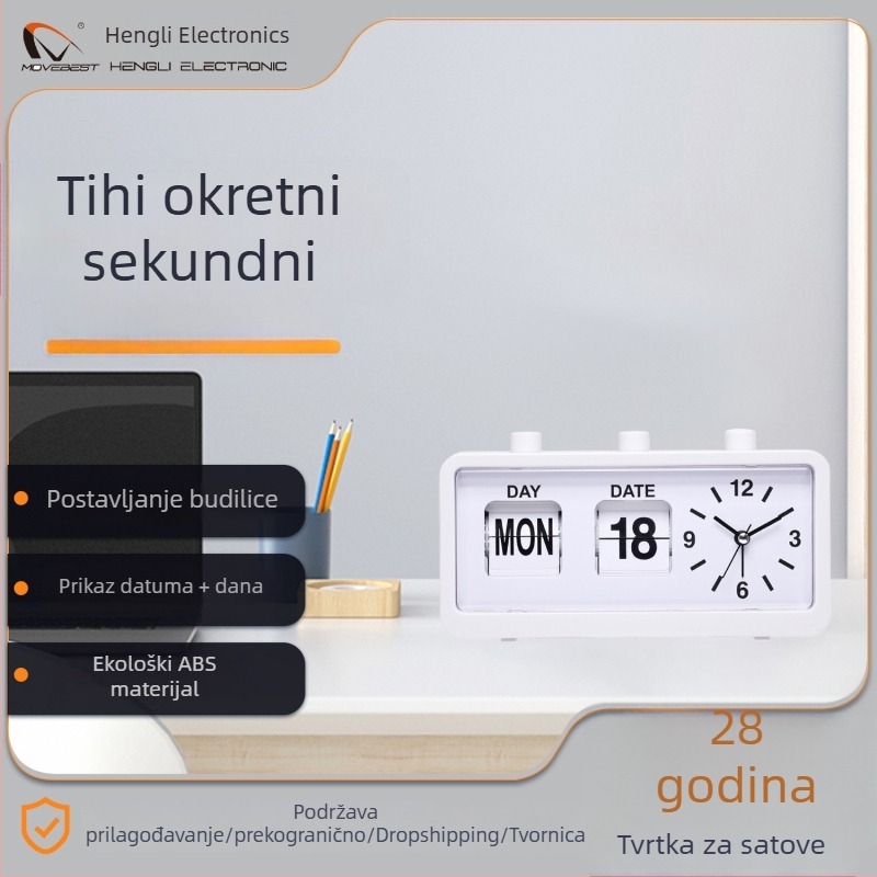 Uredski stolni budilnik s kalendarom i prikazom tjedna, tihim hodom pokreta, napajanje baterijama