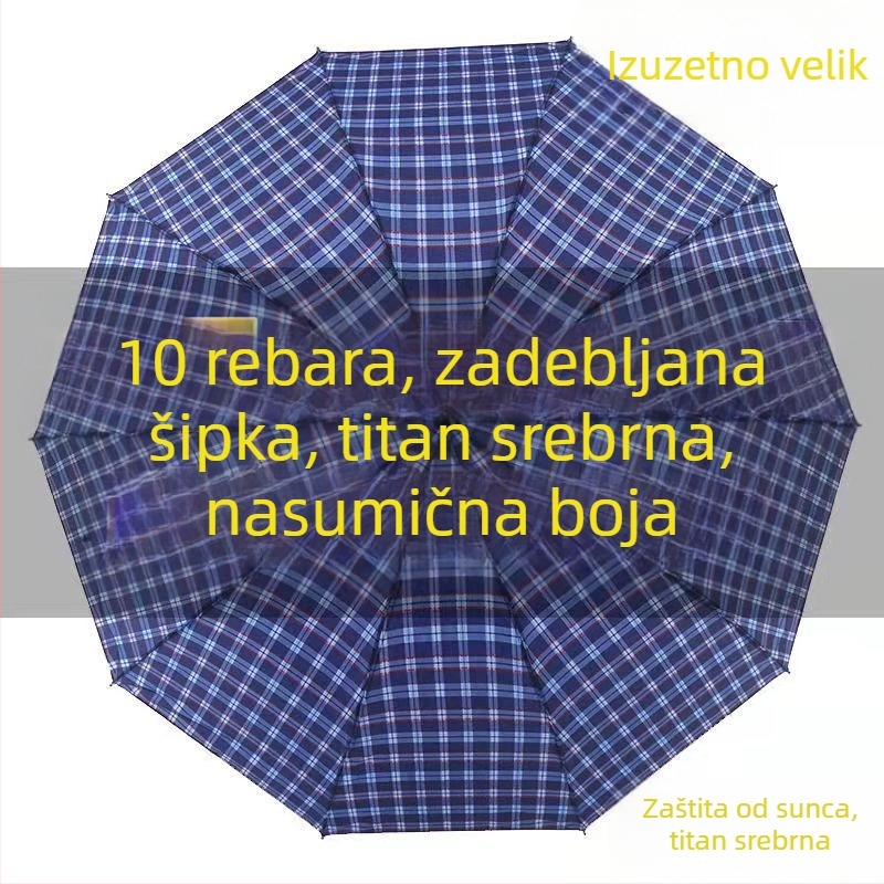 Ekstra veliki trodjelni sklopivi kišobran s kariranim uzorkom, čvrst, za muškarce i žene, UPF 40+