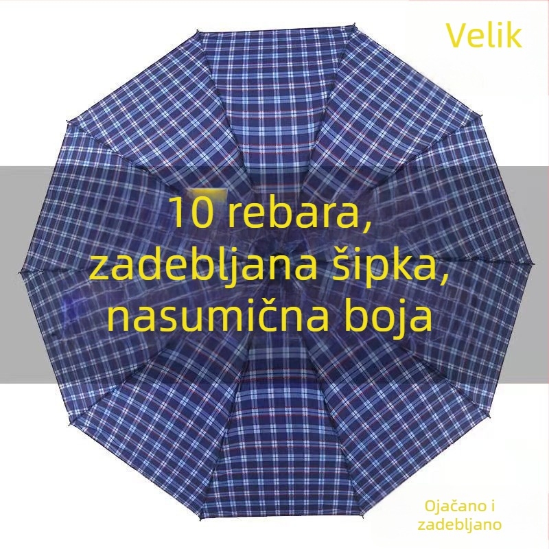 Ekstra veliki trodjelni sklopivi kišobran s kariranim uzorkom, čvrst, za muškarce i žene, UPF 40+