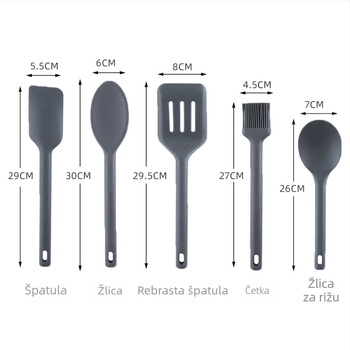 Integrirani silikonski kuhinjski set: spatula za neprijanjajuće posuđe, silikonska lopatica, četkica za ulje, alati za pečenje