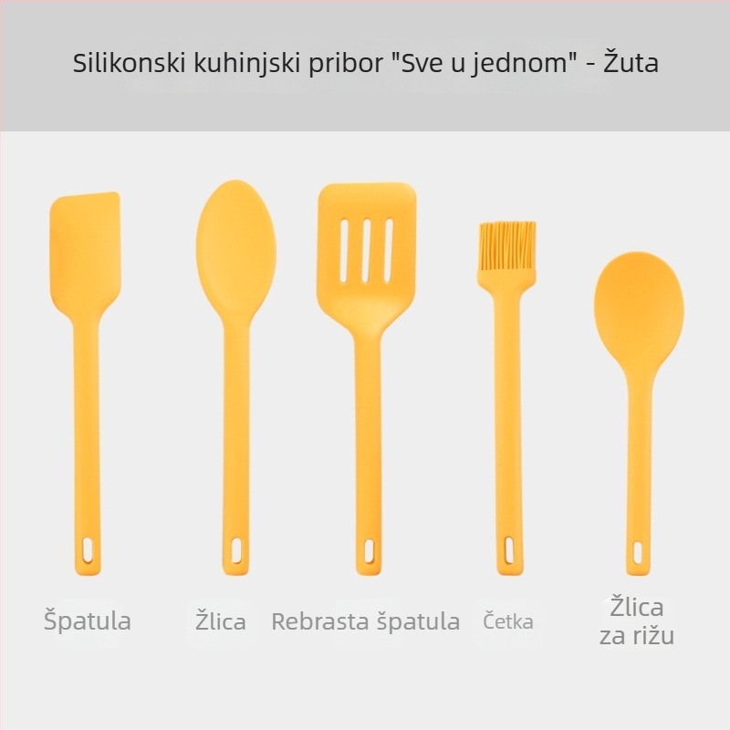 Integrirani silikonski kuhinjski set: spatula za neprijanjajuće posuđe, silikonska lopatica, četkica za ulje, alati za pečenje