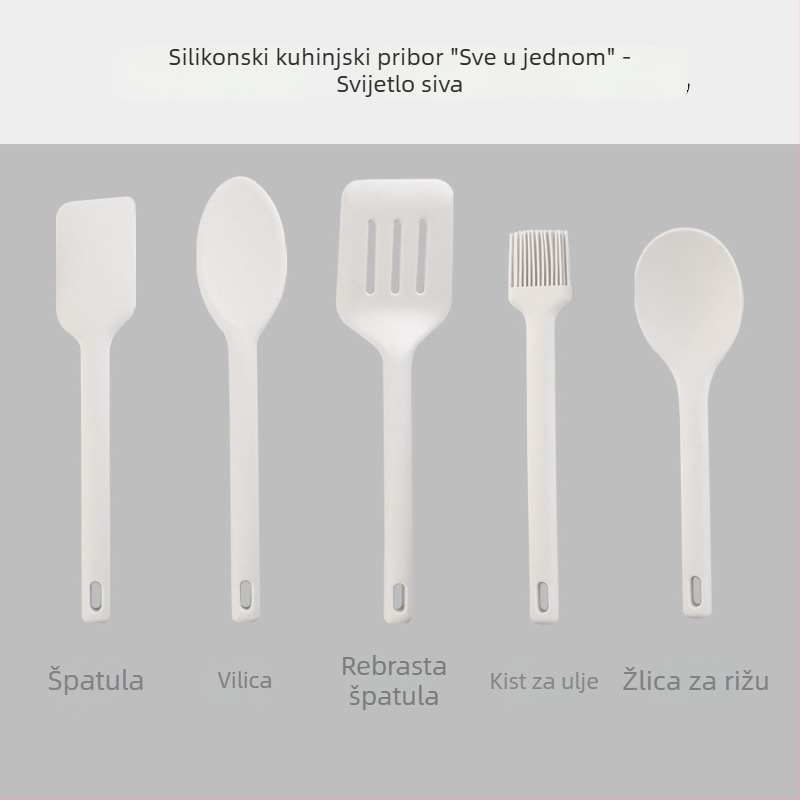 Integrirani silikonski kuhinjski set: spatula za neprijanjajuće posuđe, silikonska lopatica, četkica za ulje, alati za pečenje