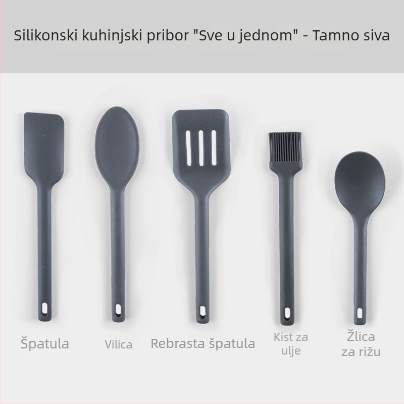 Integrirani silikonski kuhinjski set: spatula za neprijanjajuće posuđe, silikonska lopatica, četkica za ulje, alati za pečenje