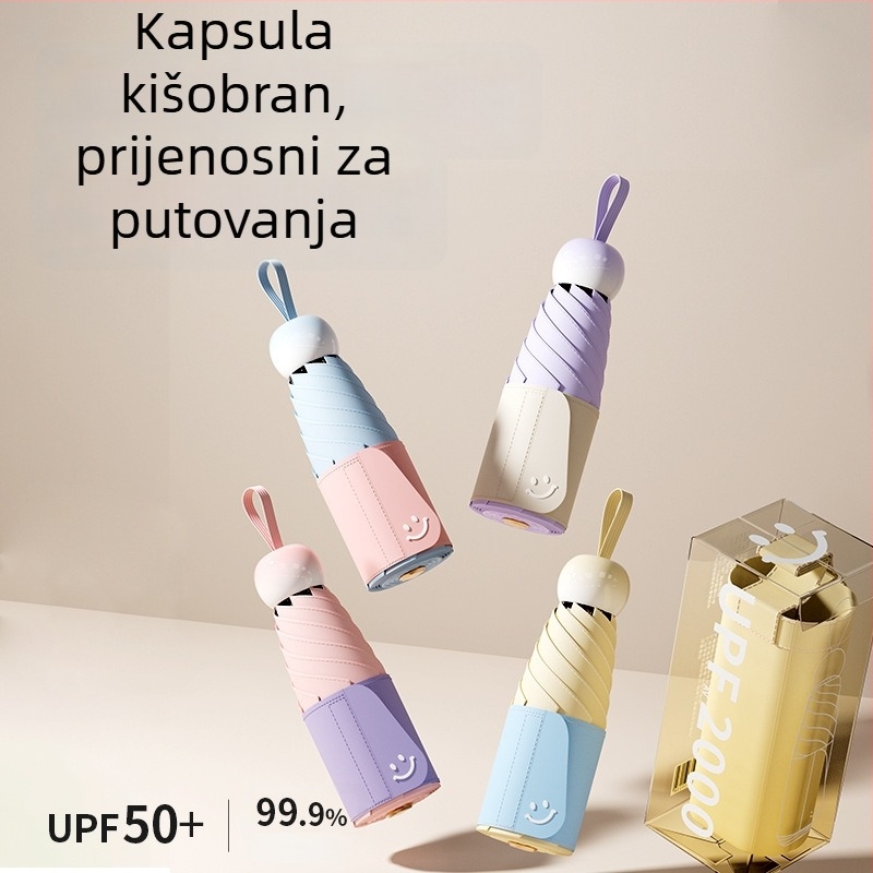 Ženski kompaktni sunčani kišobran s UV zaštitom UPF 50+, za kišu i sunce, petsegmentni kapsulni dizajn