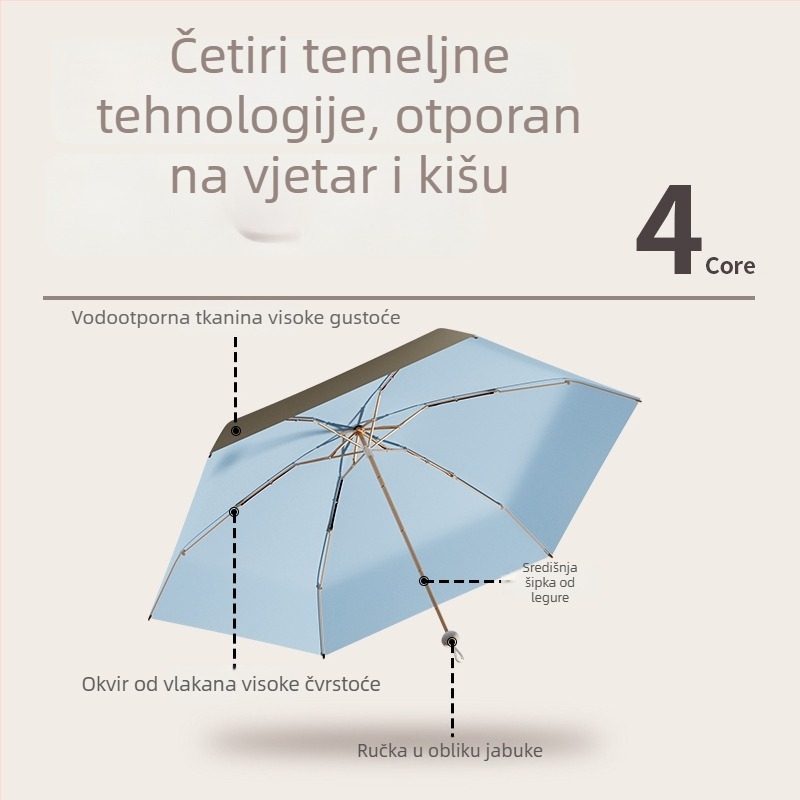 Ženski kompaktni sunčani kišobran s UV zaštitom UPF 50+, za kišu i sunce, petsegmentni kapsulni dizajn