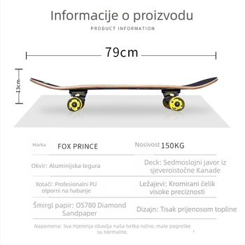 Skateboard s dvostrukim rockerom, aluminijski deck, protuklizna površina, četiri kotača