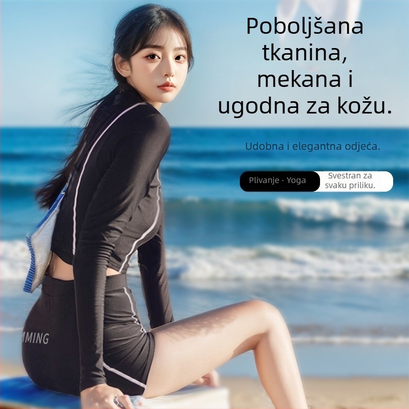 Ženski crni dvodijelni kupaći za snorkeling, ronjenje i surfanje, s dugim rukavima, UV zaštita, brzo sušenje