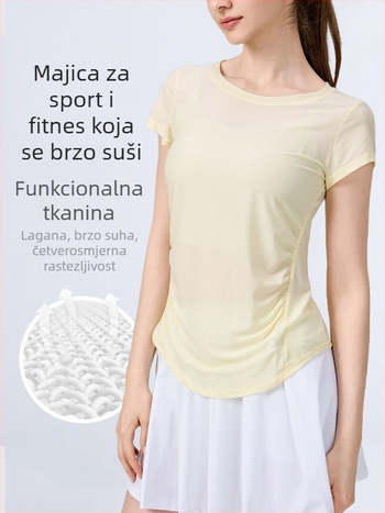 Lulu joga top za žene, tanak i brzo-sušeći materijal, kratkih rukava, ležernog kroja, lijep dizajn leđa za trčanje i fitness
