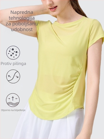 Lulu joga top za žene, tanak i brzo-sušeći materijal, kratkih rukava, ležernog kroja, lijep dizajn leđa za trčanje i fitness