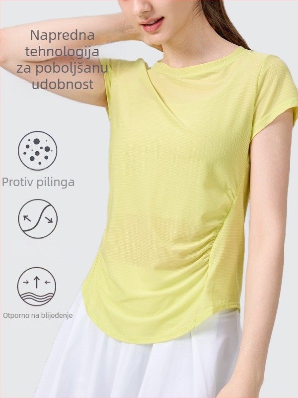 Lulu joga top za žene, tanak i brzo-sušeći materijal, kratkih rukava, ležernog kroja, lijep dizajn leđa za trčanje i fitness