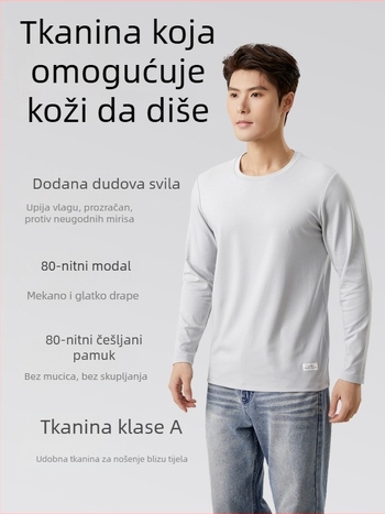 Muška duga T majica od modal-pamuk materijala, ležernog kroja, jednobojna, okrugli izrez, svakodnevno nošenje