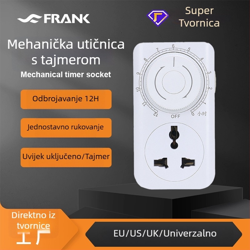 Univerzalna utičnica sa uzemljenjem, 12-satnim odbrojavanjem, prekidačem i zaštitom pri punjenju