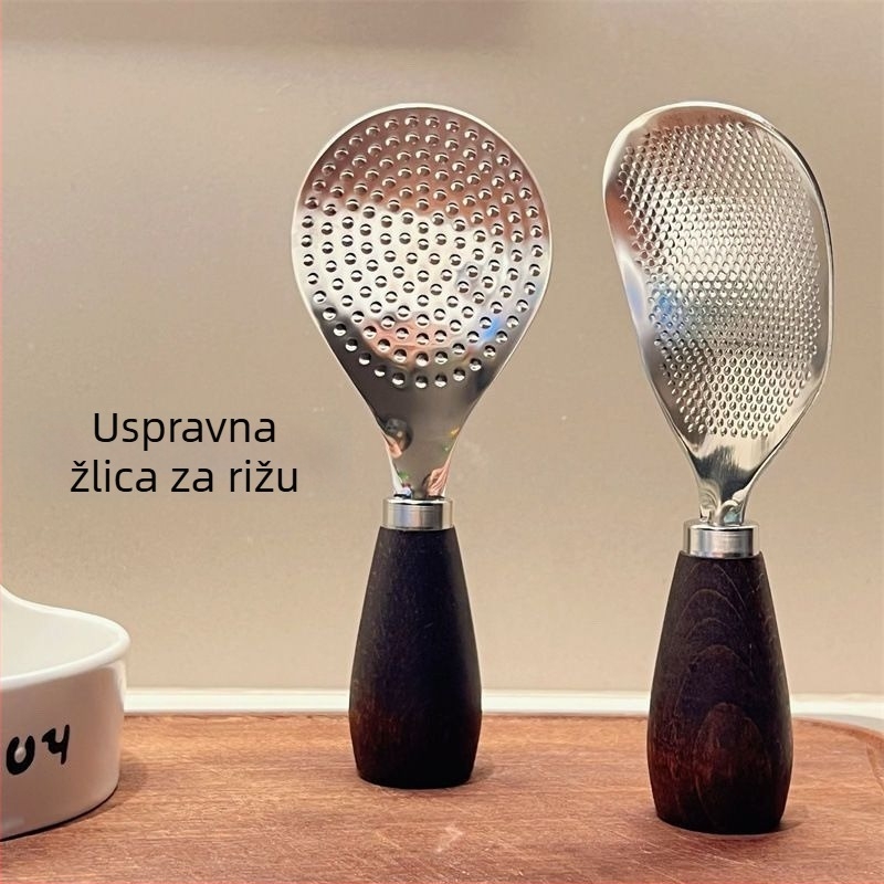 Žlica za rižu od nehrđajućeg čelika s drvenom ručkom, za kuhalo riže, debela, otporna na visoke temperature, protiv opeklina