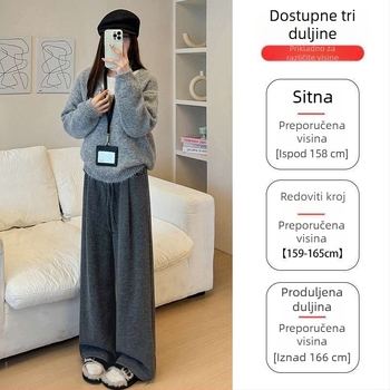 Sive ženske hlače s flis podstavom, tople za jesen-zimu, širokog kroja