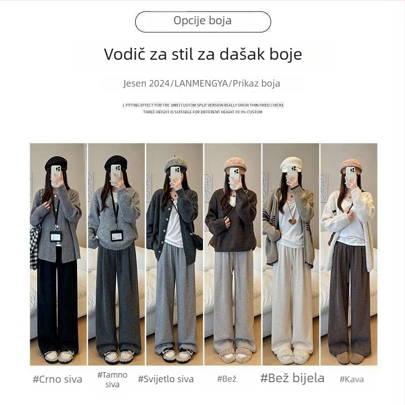 Sive ženske hlače s flis podstavom, tople za jesen-zimu, širokog kroja