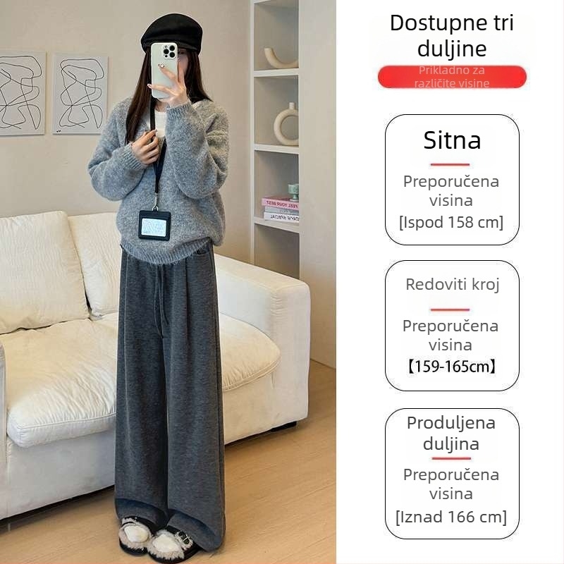 Sive ženske hlače s flis podstavom, tople za jesen-zimu, širokog kroja