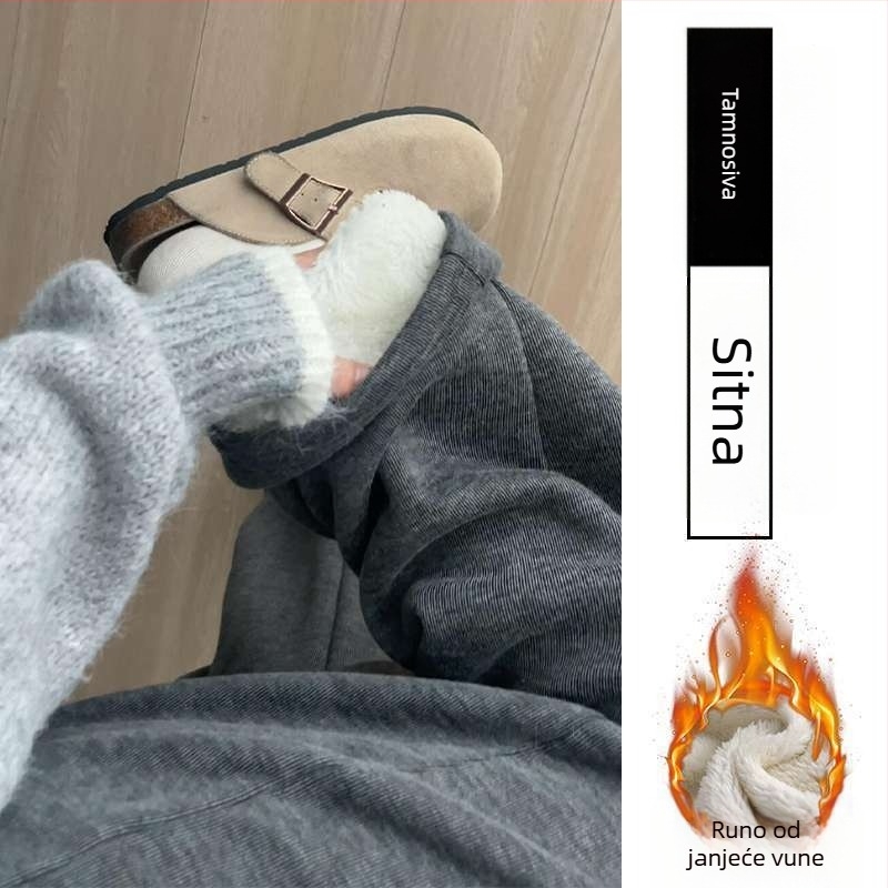 Sive ženske hlače s flis podstavom, tople za jesen-zimu, širokog kroja