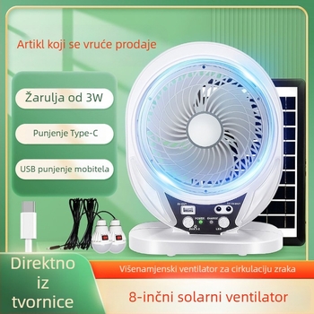 8-inčni solarni ventilator s USB punjenjem, Bluetooth, višenamjenski, prijenosni