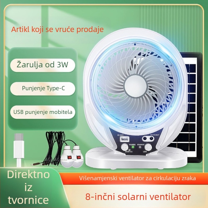 8-inčni solarni ventilator s USB punjenjem, Bluetooth, višenamjenski, prijenosni