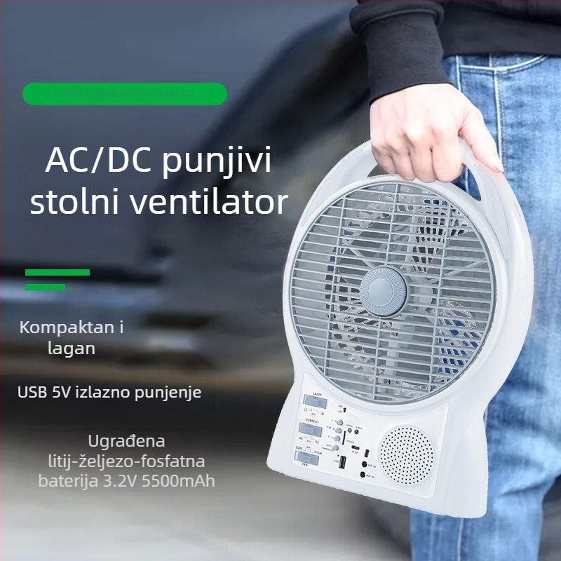 8-inčni solarni ventilator s USB punjenjem, Bluetooth, višenamjenski, prijenosni