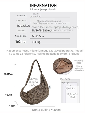 Ženska platnena torba s leopard uzorkom, velika kapaciteta, tote torba s crossbody remenom – Jesen 2025 kolekcija
