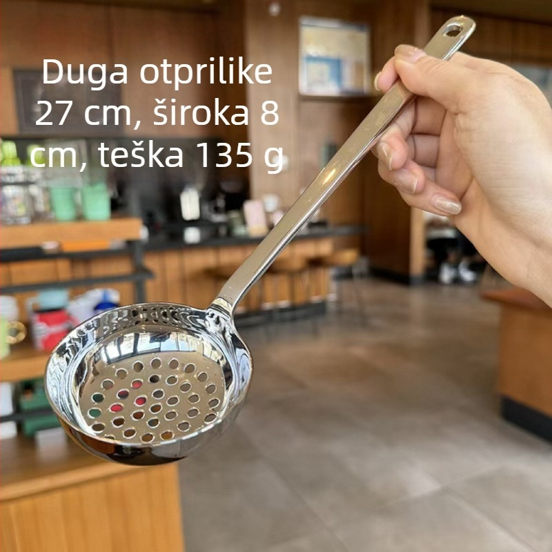 Žlica za lonac od nehrđajućeg čelika 18-10, ravno dno, 304 nehrđajući čelik, debela, cjediljna i jušna žlica s dugim držalom za kućnu kuhinju